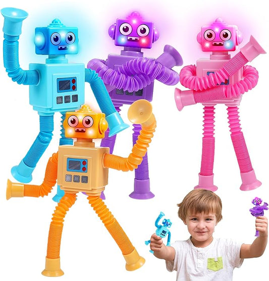 Robot Fidget Toys for Kids : 4 Pack LED Robotic Pop Tubes Telescopic Suction Cup Sensory Toy for 3 4 5 6 7 8 Year Old Boys Girls Halloween Birthday Gifts for Kid Ages 3-5 Toddler Travel Toy