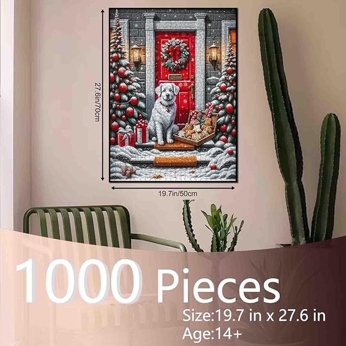Christmas 1000 Piece Jigsaw Puzzles for Adults Cute Dog Painting Christmas Tree Jigsaw Puzzle 1000 Pieces Gingerbread Man/Candy Cane Puzzles Family Fun Game DIY Craft Bedroom Decor Festival Gift