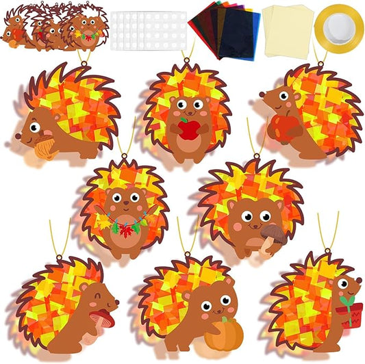 QOUBAI 32 Sets Hedgehog Suncatchers Craft Kit DIY Window Stained Glass Effect Thanksgiving Hedgehog Paper Crafts Home School Classroom Decoration Kid Birthday Gift Creative Art Project Activity Game