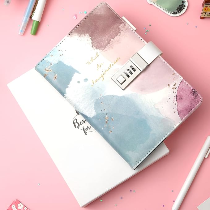 CAGIE Diary for Girls Age 8-12 Gifts for 9 10 11 12 Year Old Girls Diary with Lock, Spilling Ink Design 192 Pages Lock Diary with Pen, 5.7 x 8.5 Inch Birthday Gifts for Girl Journal with Lock