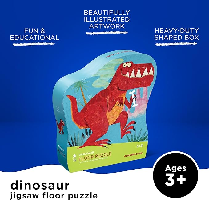 Crocodile Creek 36-Piece Jigsaw Floor Puzzle - Fun Floor Puzzles for Kids Ages 3-5 - Heavy-Duty Shaped Box for Storage - Dinosaur - 27" W x 20" H Finished