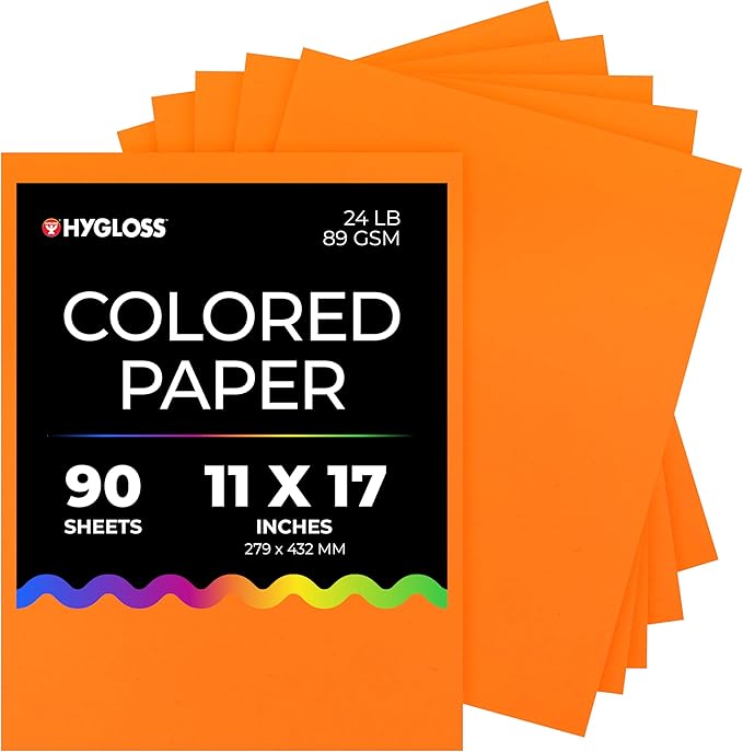 Hygloss Bright Orange Colored Paper - 24 lb, 89 GSM, Acid-Free, Fade-Resistant, 11x17-Inch Ledger Size Color Copy Paper, 90 Sheets