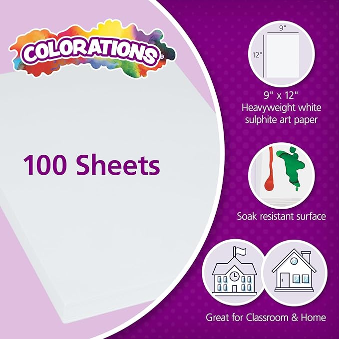 Colorations Art Paper, 9" x 12" Painting & Craft Paper, Finger Paints, Watercolor, Tempera, Drawing, Art Room & Homeschool Crafts 100 sheets