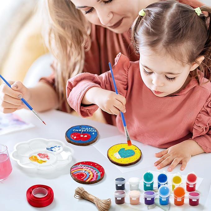 Wood Slices Kit, Shuttle Art 35 PCS Unfinished Natural Wood Slices with Pre-Drilled Hole, Acrylic Paint, Permanent Markers, Jute Twine, DIY Craft for Kids Adults Holiday Decoration Christmas Ornaments