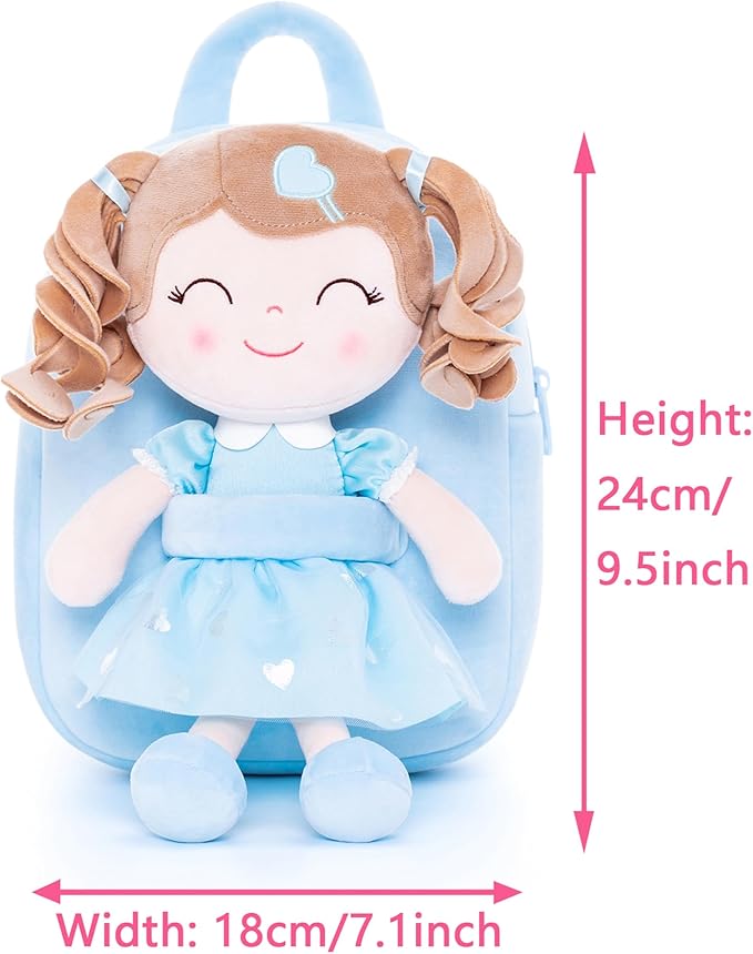 Gloveleya Back to School Gifts for Girls Toddler Backpack Baby Girls Gift Plush Bag Diaper Bag with Spring Girl Doll Curly Hair Girl Toys with Love Blue 9 Inches