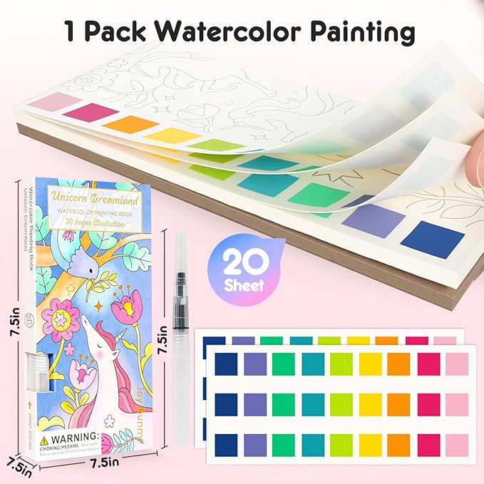 Watercolor Painting Coloring Books Pocket Watercolor Paint Bookmarks, Mess Free Paint with Water Set, Travel Class Activities Art Party Favors Exchange Birthday Gifts for Kids (Unicorn Dream)