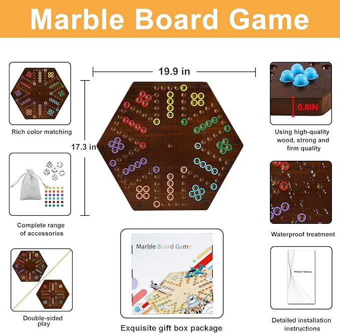 HOROW 20 inch Wahoo Marble Board Game for 4-6 Players - 2 Sided Painted Wooden Board - Thicken Dice Marbles Game - Perfect for Family & Party Game Nights (Fire Color)