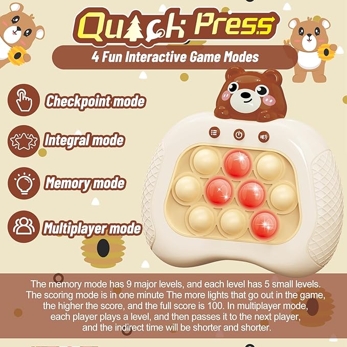 Pop Push Game Toy for Kids, Quick Fast Push Pop Puzzle Handheld Game Light up Fidget Toy 8-12, Bubble Sensory Toys Christmas Birthday Gifts for Kids Ages 3-12 (Cute Grizzly Bear)