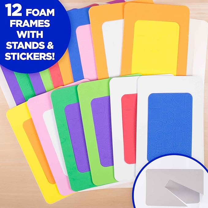 Horizon Group USA DIY Foam Picture Frame Craft Kit, 12-Pack of 4x6-Inch Colorful Picture Frames with 500+ Punch Out Stickers & Easels, Back to School Arts & Craft Activity, Perfect for Projects