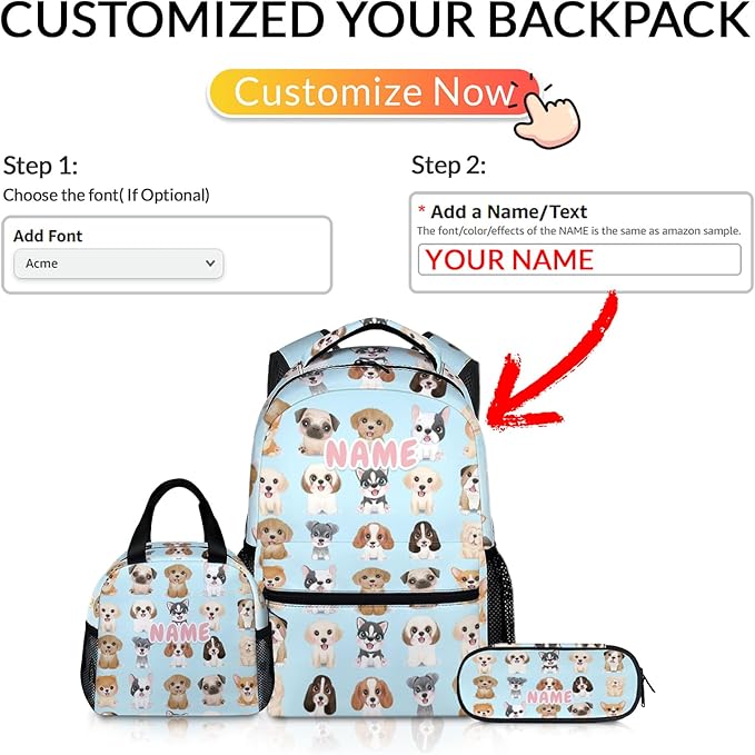 Custom Dog Backpack with Lunch Box, Set of 3 School Backpacks Matching Combo, Cute Blue Bookbag and Pencil Case Bundle