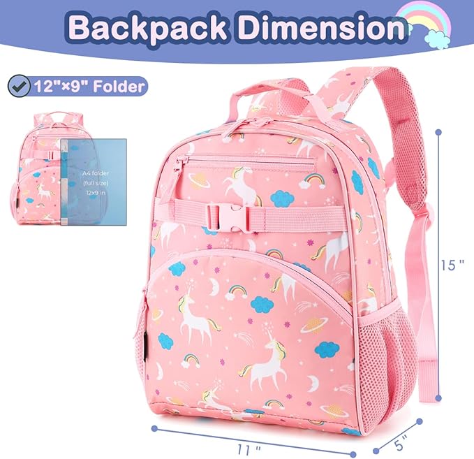 FlowFly Kids Backpack for Toddler Boys Girls, Simple Lightweight Bookbag for Daycare Kindergarten Elementary School Travel, Small Modern Bag (Medium 15'', Unicorn)