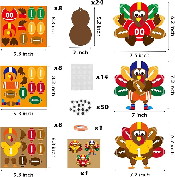 BeYumi 24 Sets Thanksgiving Foam Football Turkey Craft Kit DIY Give Thanks Rugby Turkey Handing Ornaments Decorations Fall Autumn Make A Turkey Craft for Kids Home School Classroom Party Activities