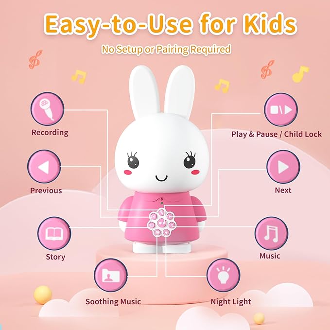 alilo Honey Bunny Kids Music Story Audio Player for Toddlers 1-5, Baby Boy Girl Easter Gifts, Pre-Loaded 16 Stories/48 Nursery Rhymes/12 Soothing Music, with Nightlight, Voice Recording