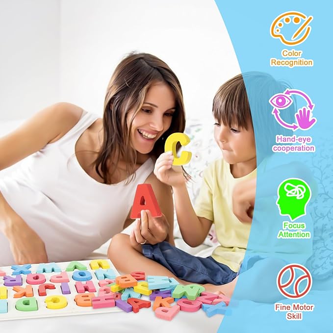Alphabet Puzzle Wooden Puzzles for Toddlers Alphabet Learning Puzzles Toys with Wood Letters Montessori Wooden ABC Learning Toys for Toddlers 1-5 | Preschool Educational Gift for Kids