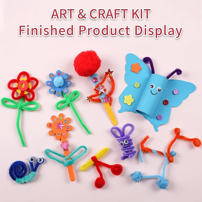 Qukou Arts and Crafts Supplies Kit for Kids- 550+ DIY Art Kit with Glitter Glue, Gem Stickers, Pompoms & Tools in Storage Jar Portable Travel Crafts for Ages 4+ Birthday, Christmas (Art Deco)
