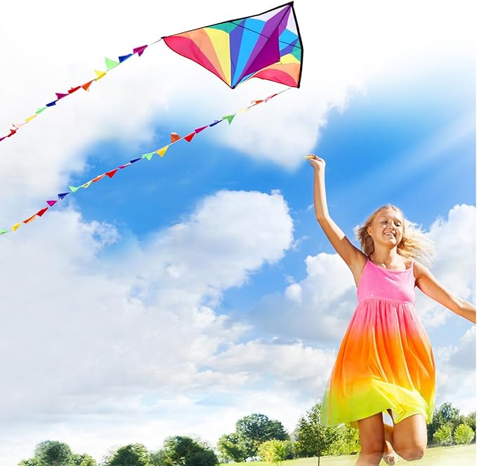 HONBO Large Delta Kite for Kids & Adults,Extremely Easy to Fly Kite for Beach Trip,String Line Included,with Colorful Tail,Perfect for Beginners