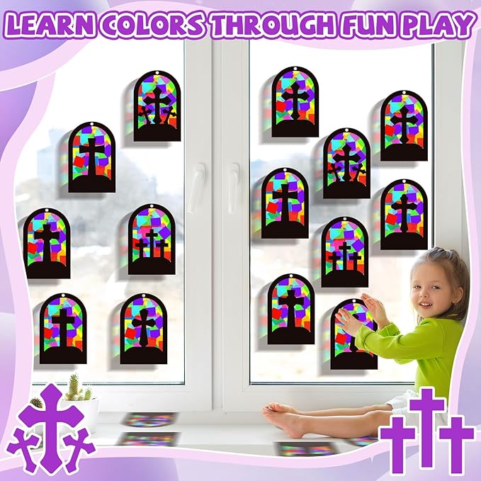 QOUBAI 32 Sets Cross Suncatchers Crafts DIY Window Stained Glass Effect Christian Religious VBS Paper Craft Home Sunday School Classroom Decoration Kid Birthday Gift Creative Art Project Activity Game