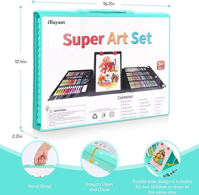 iBayam Back to School Supplies for Kids Teen Girls Boys, Art Set Case with Trifold Easel, Scratch Paper, Sketch Pad, Coloring Book, Crayons, Pencils, Oil Pastels, Watercolors, Sharpener