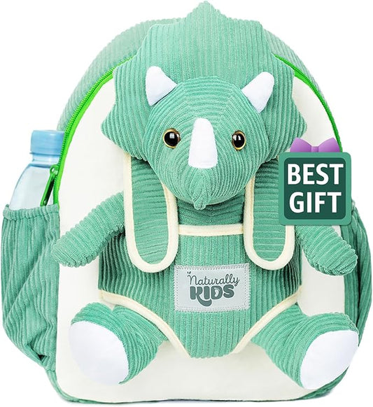 Naturally KIDS Green Dinosaur Backpack for Boys 4-5, Triceratops Dinosaur Gifts for 4-5 Year Old Boys, Girls, Toddler Backpack