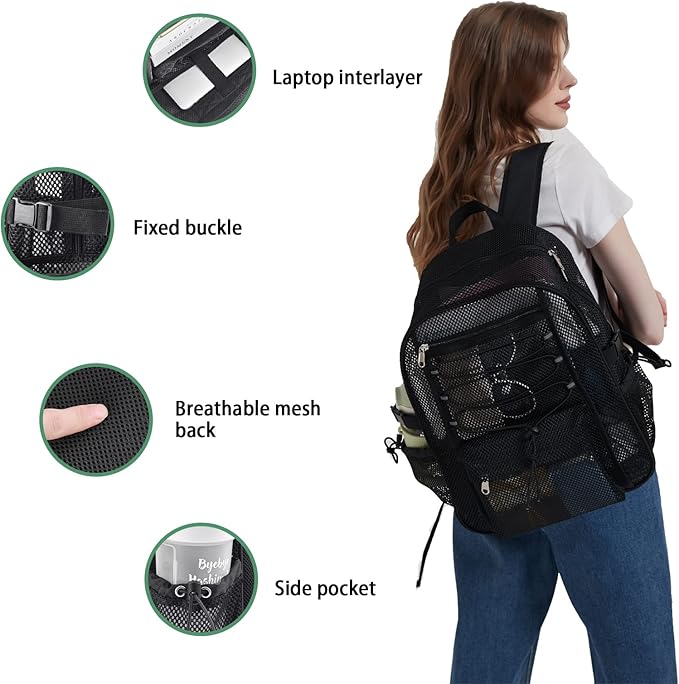 Mesh Backpack Heavy Duty for School, 23L Mesh Bookbag for Adults, See Through Black Mesh School Bag with Laptop Pocket for Work Swimming Beach Fitness Sport
