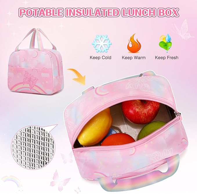 Backpack for Girls, Rainbow Butterfly Girls Backpacks with Lunch Bag Pencil Case Set, Kids Backpack Kindergarten Elementary Middle School Book Bag for Teen Girl Children Students