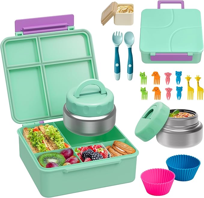 Bento Lunch Box with 9.5 oz Soup Thermo, Kids Leakproof 4 Compartments Bento Box with Silicone Cupcake,Fruit Fork,Spoon and Sauce Cup,Insulated Food Jar for School Travel-Green