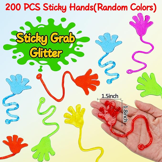 200PCS Glitter Sticky Hand Party Favors for Kids Birthday Supplies Goodie Bag Stuffers Classroom Treasure Box Carnival Prizes Bulk Goody Treat Gift Trinkets Stuff Pinata Fillers Mini Stretchy Toys