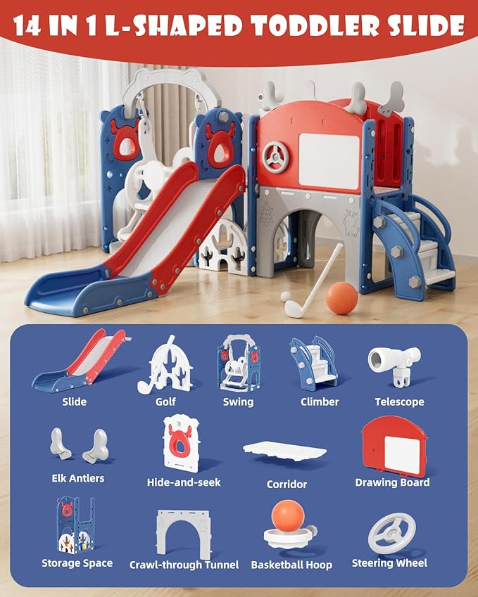 XJD 13-in-1 Toddler Slide and Swing Set, Kids Slide for Toddlers Age 1+, Toddler Outdoor Playset New Upgrade with Golf Set, Basketball Hoop, Drawing Board for Playground (Red Blue)