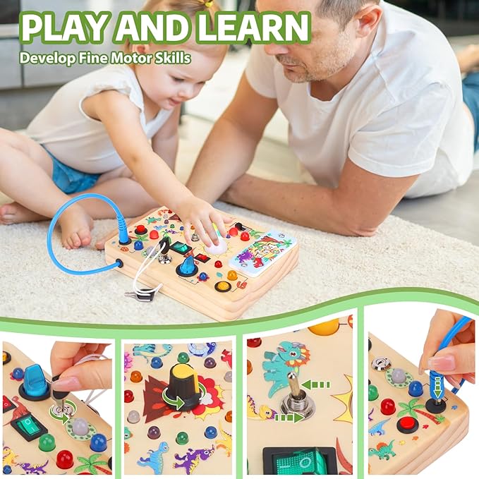 Toddler Busy Board,Montessori Toys for 1-3 Years Old,Baby Sensory Board,Wooden Learning Toys,Christmas & Birthday Gift for Boys & Girls (Dinosaur Busy Board v2)