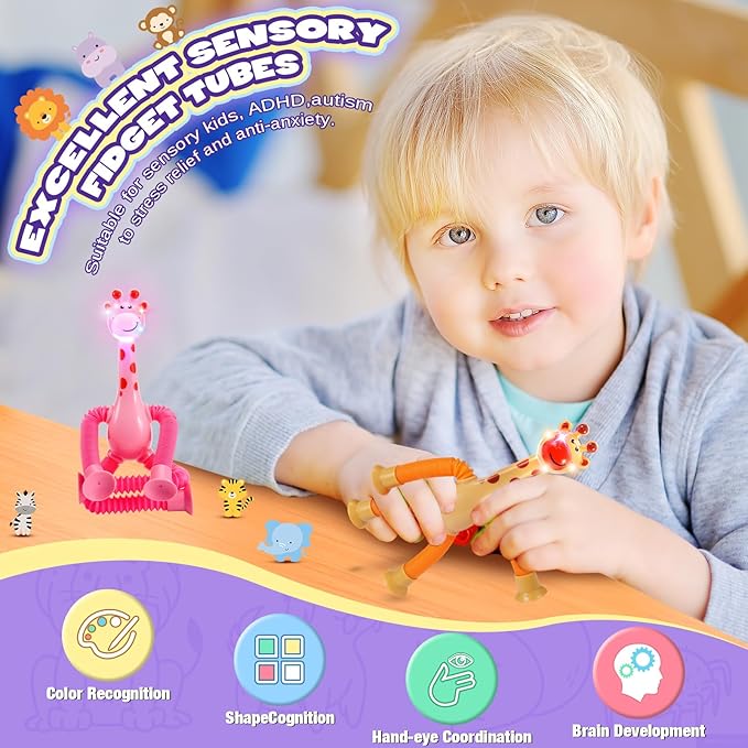 Sensory Fidget Toys for Kids : 4 Pack LED Giraffe Telescopic Pop Tubes 3 4 5 6 7 8 Year Old Girls Boys Halloween Birthday Gifts Toy for Kid Ages 3-5 Autism Toddler Travel Toy Party Favors