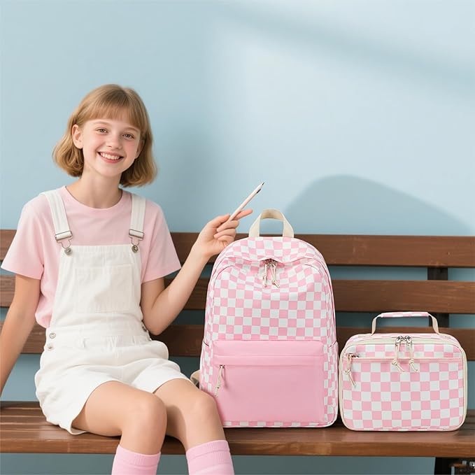 LEDAOU Kids School Backpack with Lunch Box for Girl Boy Toddler BookBag School Bag Preschool Kindergarten Backpack (Pink Checkered)