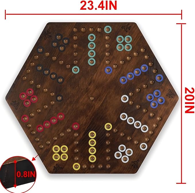 Wahoo Board Game - 23.6 inch Marble Game Board with 24 Glass Marbles and 6 Dice,Solid Wood Double-Sided Game Board for 4 or 6 Players - Family and Party Game