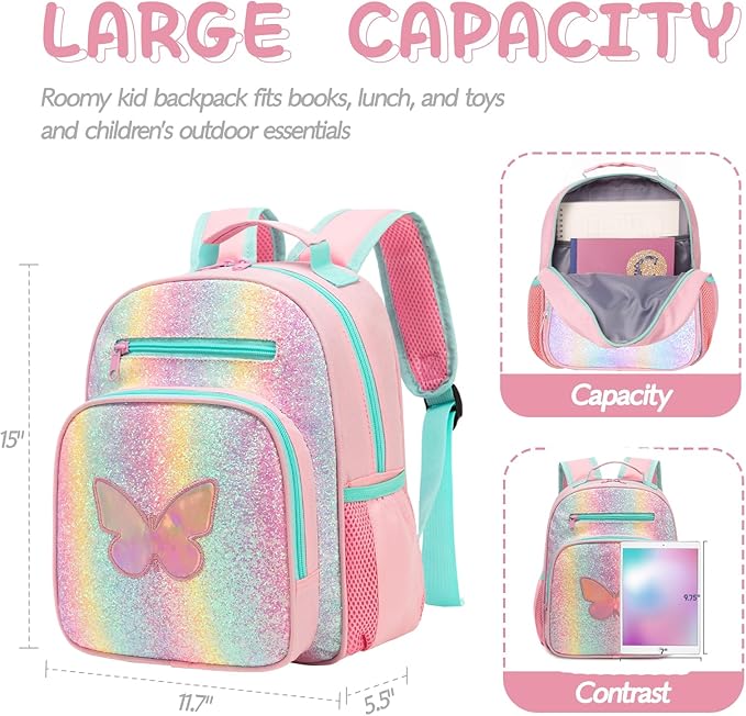 Toddler Backpack for Girls 2-4,Preschool Kindergarten Butterfly Backpacks,Small Backpack for Kids,Toddler Bookbag with Chest Strap