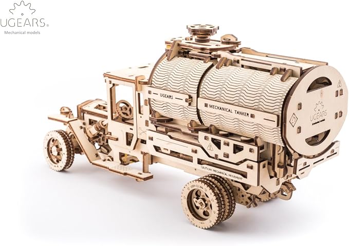 Ugears Tanker Mechanical Model Kit - DIY 3D Wooden Puzzles for Adults Truck with Working Engine - Moving 3D Puzzle Building Kits with Can Holder - Adult Puzzle Gift for Fathers Day - 594 Pcs