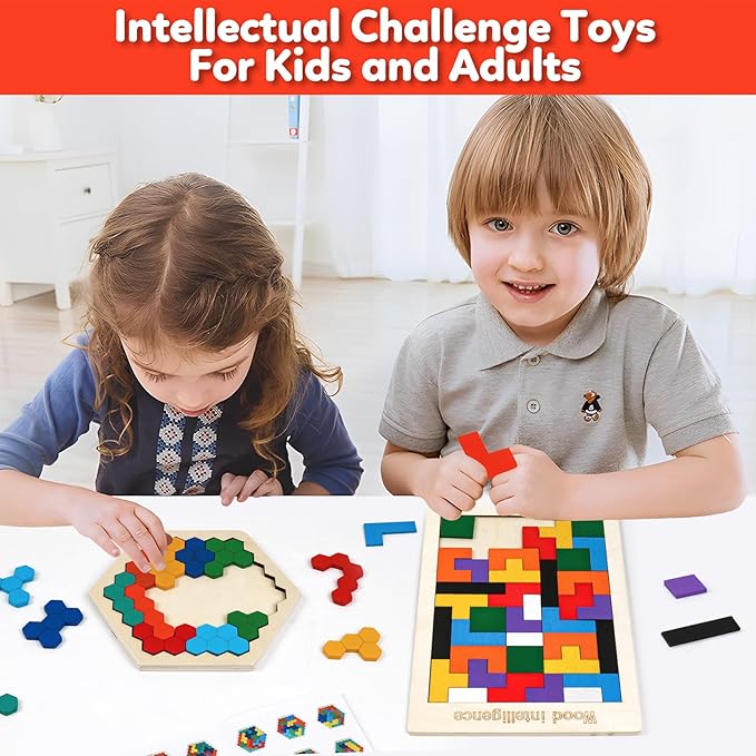 Wooden Puzzles Blocks Brain Teasers Logic Games for Classroom & Party Times,Jigsaw Puzzle Intelligence STEM Montessori Educatioanl IQ Toys Games for Kids Boys Girls Ages 3+ (3 Pack)