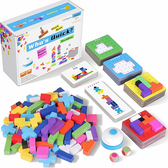 Wooden Block Game 120Pcs Fast-Paced Stacking Building Block Game Challenging Board Games for Kids 1 to 6 Players Color Block Puzzles Party Games for Ages 4+ Blue
