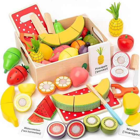 35PCS Wooden Play Food for Toddlers 1-3, Pretend Food Toys Play Kitchen Accessories with Storage Basket, Learning Cards, Cutting Food Fruits Toys Montessori Toys Gift for Kids Girls Boys Age 3 4 5 6