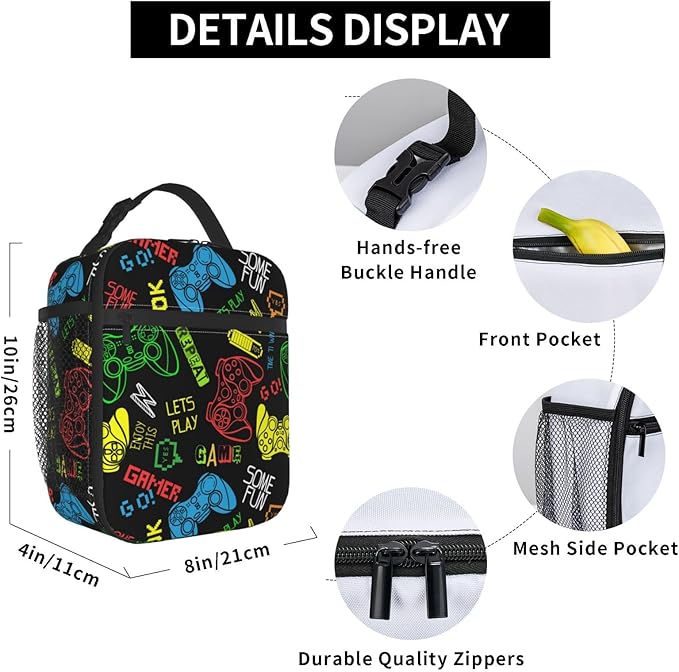 Colorful Video Game Controller Reusable Lunch Box Food Bag Insulated Lunch Bag for Teenage Boys Girls School Beach