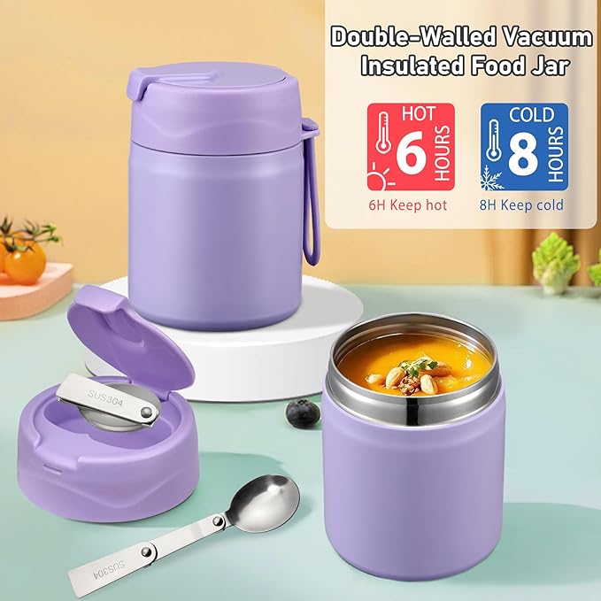 Bento Lunch Box for Kids with 17oz Soup Thermo,Insulated Tumbler Water Bottle and Insulated Lunch Bag,Leak-Proof 3 Compartment Lunch Food Container with with Ice Pack for Kids to School-Purple