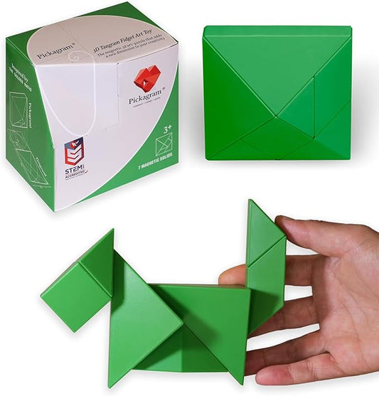Pickagram Tangram 3D Magnetic Puzzle for Kids (8-12), Adults & Seniors | STEM Certified Fidget Puzzle - Magnetic Pattern Blocks for Cognitive Development, Creativity & Focus - Green
