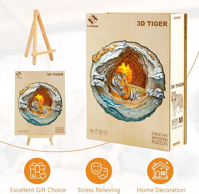 Wooden Puzzles for Adults, Wooden Jigsaw Puzzles for Adults Kids, 3D Vision Effect-3D Tiger Unique Shaped Wood Puzzles Adult, Creative Birthday Gifts for Friends Family Game (13.4 * 13.4in 300pcs)
