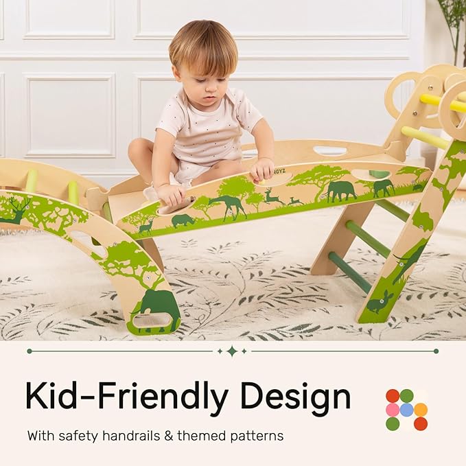 Wingyz 8-in-1 Pikler Triangle Set with Cushion-Wooden Baby Climbing Toys with Arch, Ramp & Ladder | Montessori Toddler Climber Indoor Jungle Gym for 1-3 Year Olds (Green)