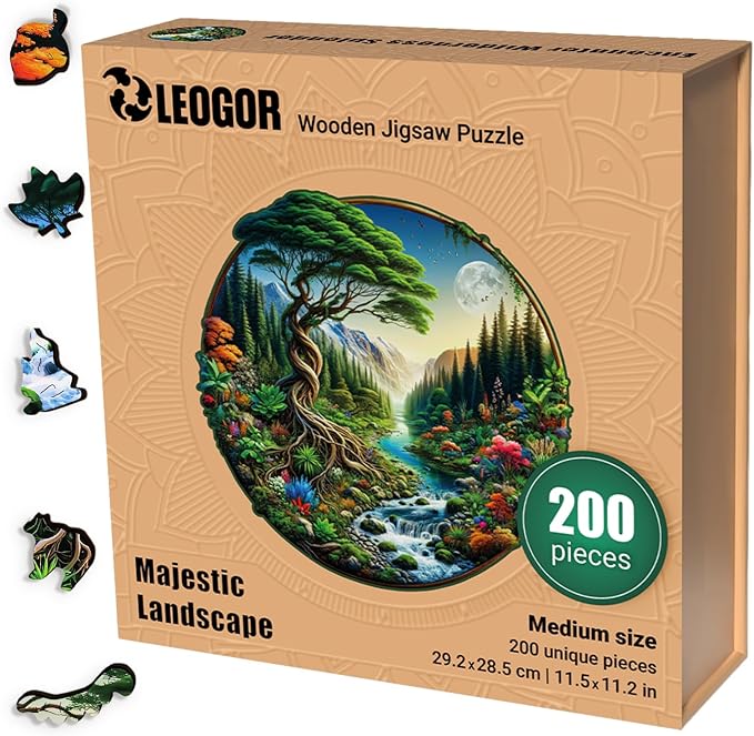 LEOGOR Wooden Jigsaw Puzzles for Adults (11.5 × 11.2 in), 200 Piece Round Landscape Puzzle, Extra-Thick 5 mm Wood, Unique Nature Shapes, Beautiful and Challenging Gift for Adults
