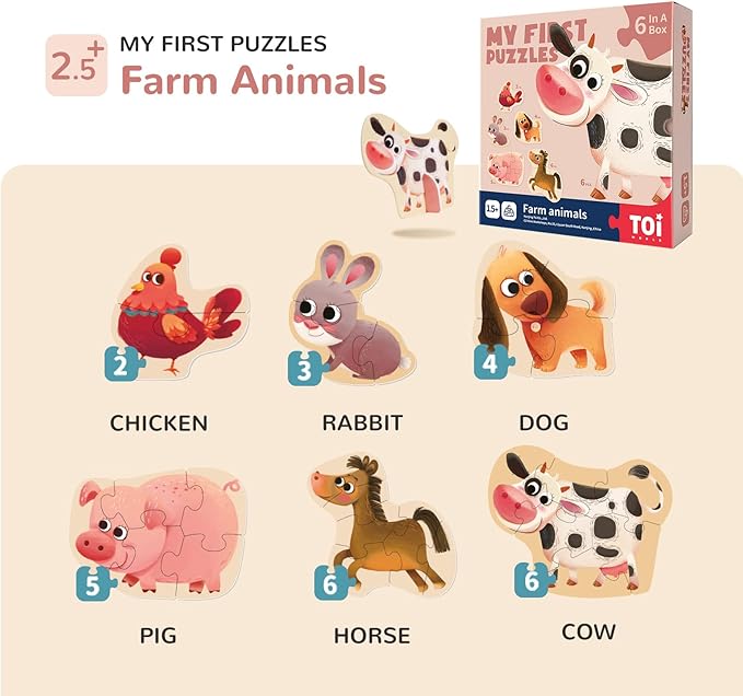 Toi 6 Packs Large Piece Toddler Jigsaw Puzzles for Kids Aged 2.5+, Animal Shaped Floor Puzzles for Beginner, Preschool Learning Game for Boys Girls, Farm Animals