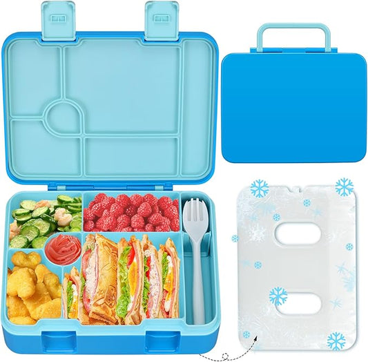 Kids Bento Lunch Box with Ice Pack, 5 Compartments Leak-Proof Bento Box with Utensils, 5.5-Cup Capacity for Adults & Ages 8+, BPA Free, Microwave & Dishwasher Safe, Blue