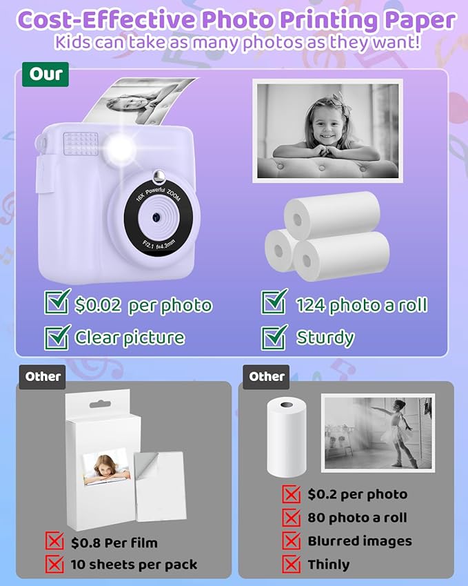 Instant Print Camera for Kids with 3 Rolls of Printer Paper, 1080P Toddler Digital Camera Toys for Age 3-12 with 32GB SD Card, Christmas & Birthday Gifts for 3 4 5 6 7 8 Year Old Girls & Boys (Purple)