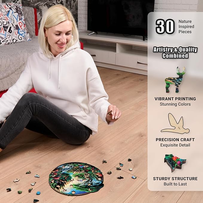 LEOGOR Wooden Jigsaw Puzzles for Adults (11.5 × 11.2 in), 200 Piece Round Landscape Puzzle, Extra-Thick 5 mm Wood, Unique Nature Shapes, Beautiful and Challenging Gift for Adults