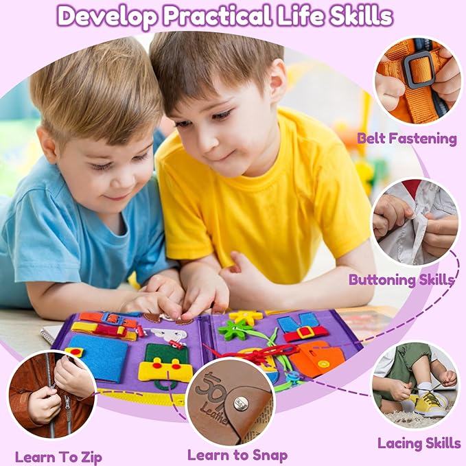 Qizfun Montessori Busy Board Book for Toddlers, Mermaid Sensory Learning Toy for Girls, Educational Fine Motor Skills Toy, Travel Busy Board for Car & Airplane