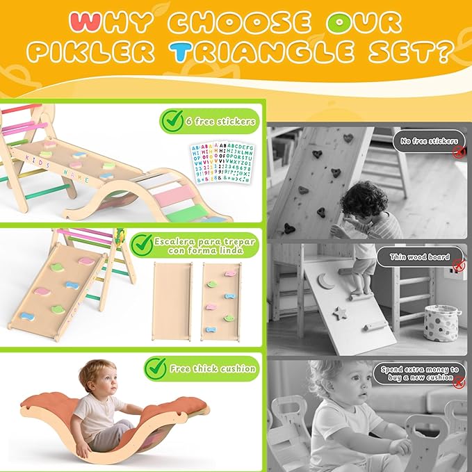 Acenova Pikler Triangle Climbing Set with Cushion and DIY Name Stickers, Montessori Wooden Climbing Gym for Toddlers 1-3, Indoor Jungle Gym, Dinosaur Pikler Triangle Arch Ramp Climber Toy