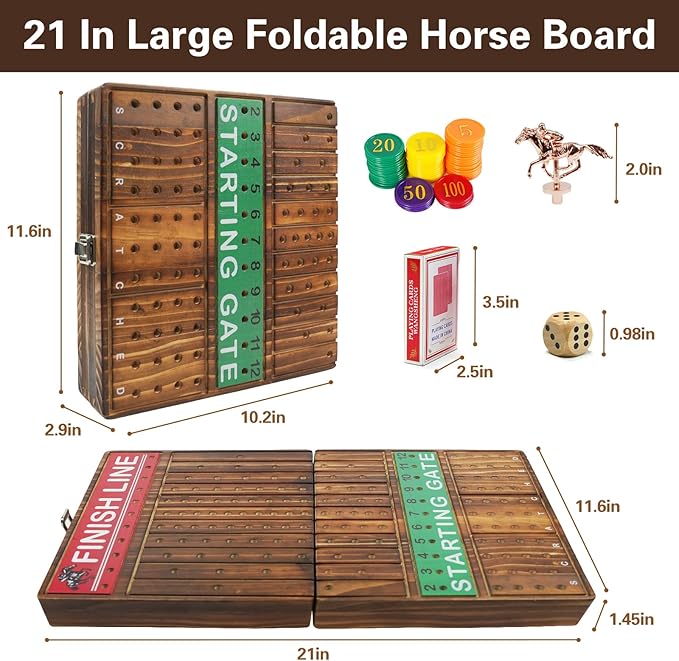 FUNNYB&G 21 inches Horse Race Board Game Foldable Large Horse Racing Game for Adults with 11 Metal Horses, Solid Wood 60 Pcs Poker Chips 2 Dice 1 Pack of Cards for Family Tabletop Parties(Brown)